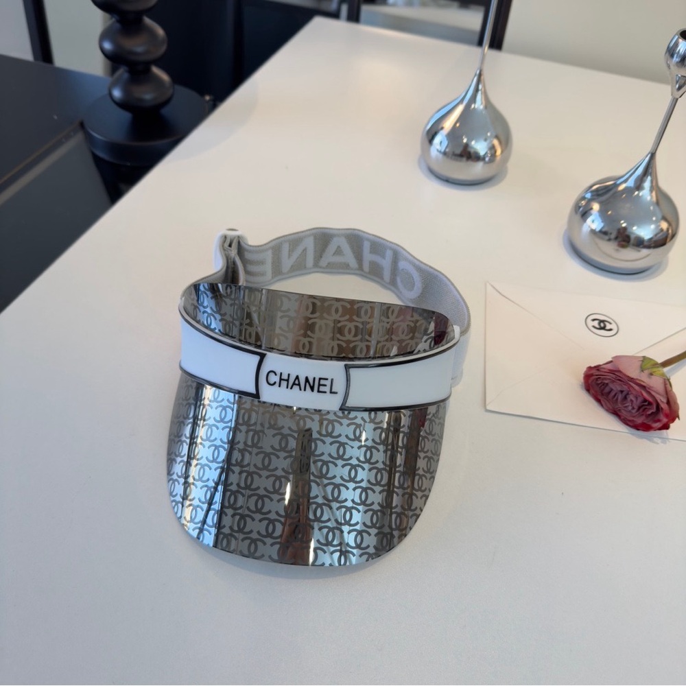 Chanel Logo Metallic Visor - Silver & White.
